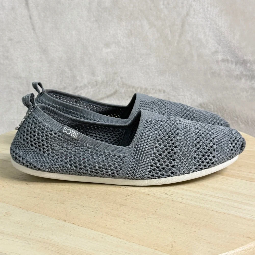 Skechers BOBS Women 8.5 Grey Knit Memory Foam Slip On Flats 33406 Peace and Love